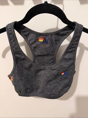 Aviator Nation Charcoal Gray Racerback Sports Bra with Rainbow Accent